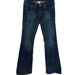 True Religion Joey Flare Jeans Dark Blue Button Flap Pockets Size 29